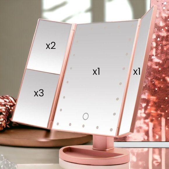 Tri-Fold Lighted Makeup Mirror 22 LED 1x 2x 3x Rose Gold USB Battery Operated - Picture 5 of 16
